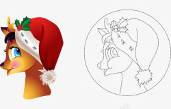 卡通手绘线稿彩色戴圣诞帽女小鹿素材