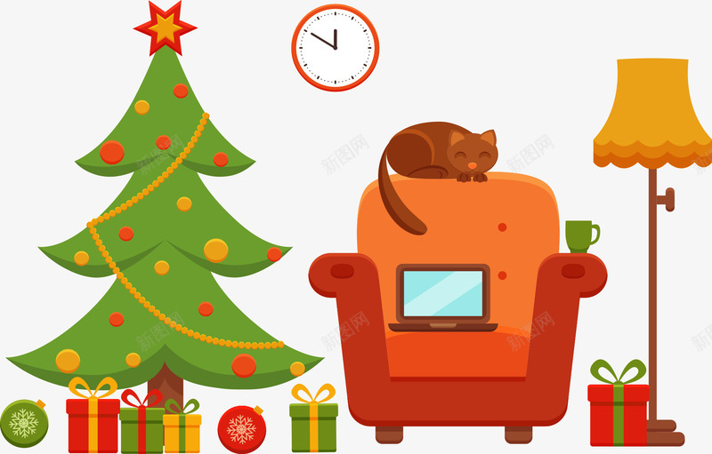 圣诞树与沙发png免抠素材_新图网 https://ixintu.com 圣诞 圣诞树 圣诞节 时钟 沙发 猫咪