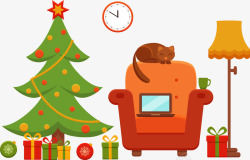圣诞节时钟圣诞树与沙发高清图片