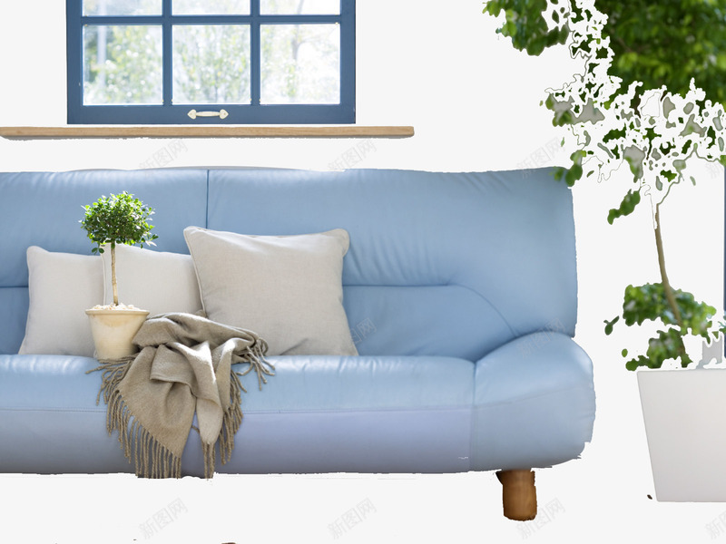 家的一角png免抠素材_新图网 https://ixintu.com 围巾 家 抱枕 绿色植物 蓝色沙发 蓝色窗子