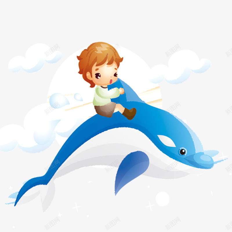 骑在海豚上的孩子psd免抠素材_新图网 https://ixintu.com 卡通素材 孩子 海豚