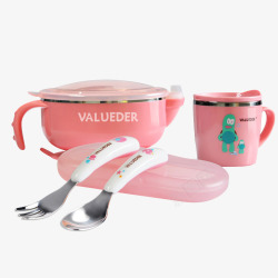 粉色勺子儿童餐具三件套高清图片