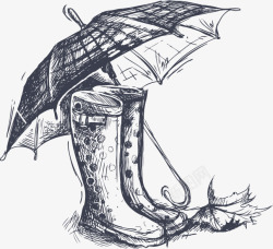 手绘速写插图波点雨鞋与格子雨伞素材