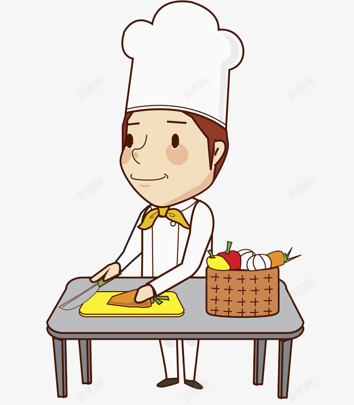卡通做饭厨师图png免抠素材_新图网 https://ixintu.com 厨师 大厨 帅气的 桌子 男人 白色的 菜刀 蔬菜
