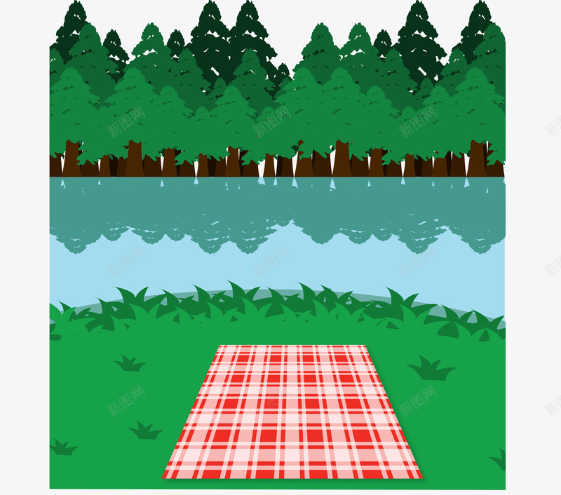 野餐河边png免抠素材_新图网 https://ixintu.com 树林 河边 红色 绿色 野餐 餐布