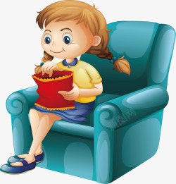 吃冰棍看电视吃薯片的女孩高清图片