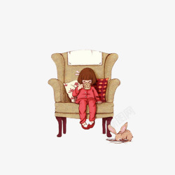 手绘坐沙发的小女孩素材