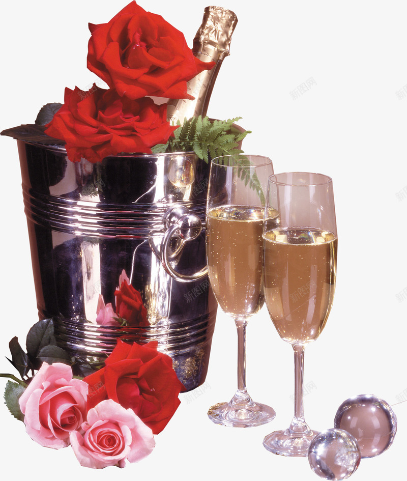 桶里的玫瑰花香槟西餐png免抠素材_新图网 https://ixintu.com 玫瑰花 西餐 香槟