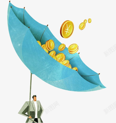 雨伞上的金币png免抠素材_新图网 https://ixintu.com 人物 卡通 商务 彩色 装饰 金币 金融 雨伞