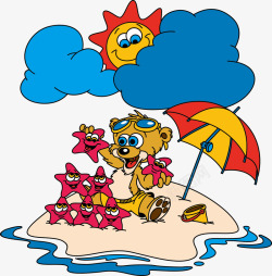 卡通沙滩上狗狗玩海星素材