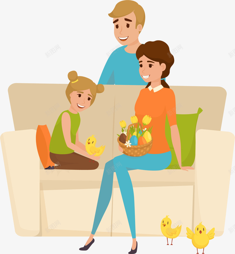 卡通版坐在沙发上的家人png免抠素材_新图网 https://ixintu.com 动漫动画 卡通手绘 家人 小鸡 沙发 装饰图