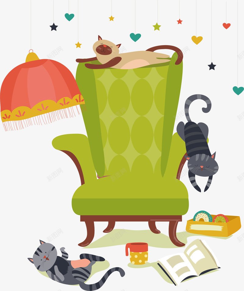 绿色沙发和宠物矢量图ai免抠素材_新图网 https://ixintu.com 动物 卡通手绘 可爱 宠物 水彩 沙发 猫咪 绿色 矢量图