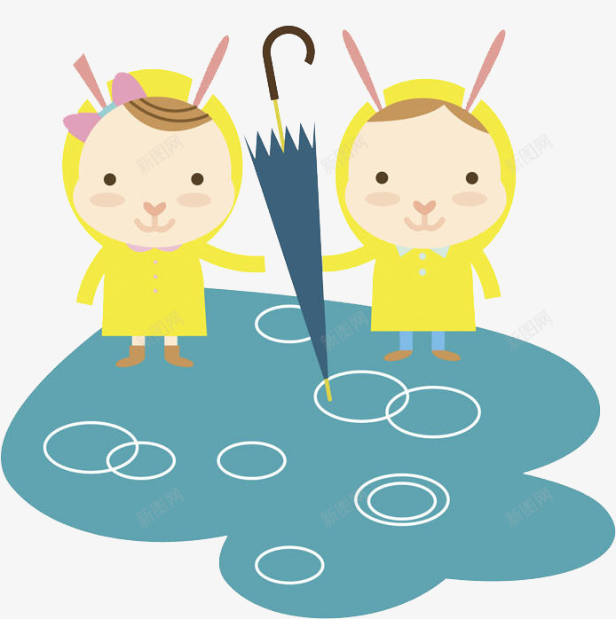 雨中的两只小兔png免抠素材_新图网 https://ixintu.com 卡通 可爱 小兔 粉色蝴蝶结 雨伞 雨水 黄色雨衣 黄色雨衣卡通人物形象
