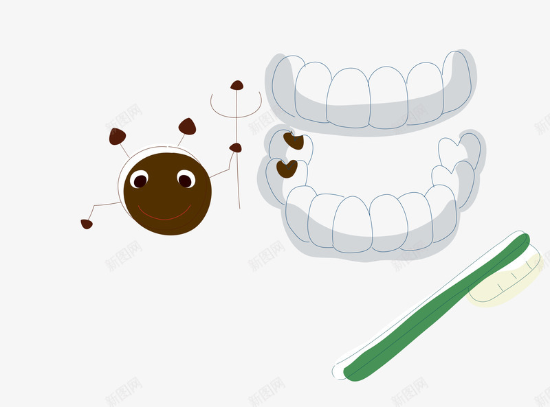 卡通手绘牙齿牙刷牙虫png免抠素材_新图网 https://ixintu.com 创意 动漫动画 卡通手绘 洁白的牙齿 牙刷 牙虫