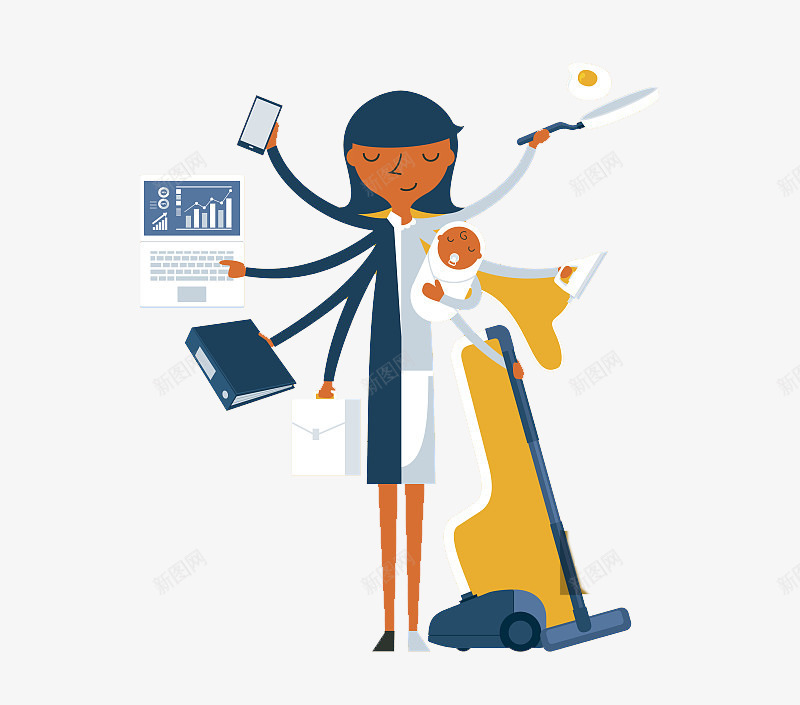 一个带着孩子的母亲png免抠素材_新图网 https://ixintu.com 平面宣传 形象 打扫卫生 扫尘 母子 漫画的设计 造型
