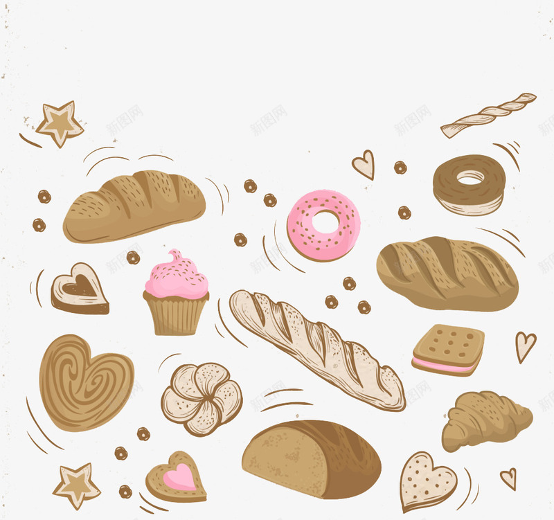 手工绘制的面包和甜点png免抠素材_新图网 https://ixintu.com 手绘面包 甜点 甜甜圈 食物