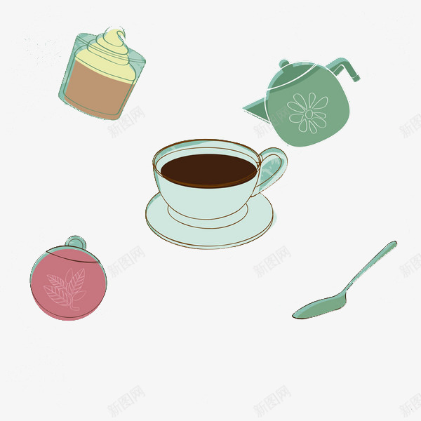 卡通甜点咖啡花茶psd免抠素材_新图网 https://ixintu.com 卡通 咖啡 甜点 花茶 茶壶