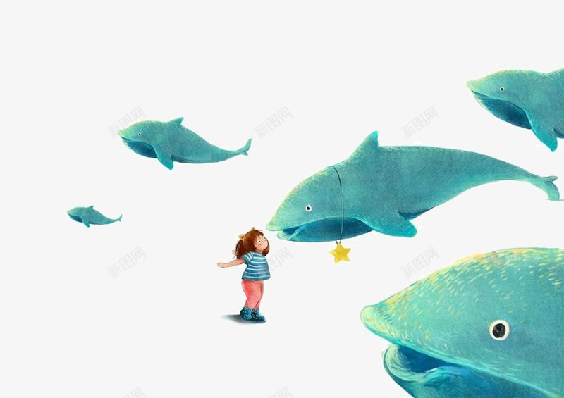 幸运女孩和她的好朋友海豚psd免抠素材_新图网 https://ixintu.com 可爱 女孩 手绘 海豚 蓝色