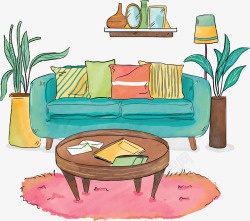 手绘客厅手绘客厅绿色沙发矢量图高清图片