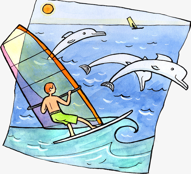 海上风帆插画psd免抠素材_新图网 https://ixintu.com 插画 水上运动 海豚 风帆