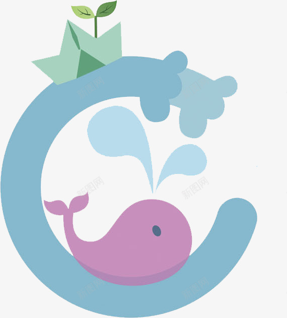 畅游的海豚和小船png免抠素材_新图网 https://ixintu.com 卡通 喷水 紫色海豚 绿色小船 绿色小草 蓝色