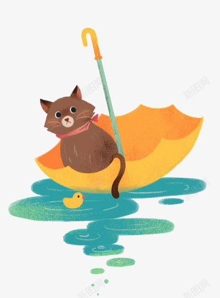 伞里的猫png免抠素材_新图网 https://ixintu.com 创意 卡通 手绘 插画 猫咪 雨伞 鸭子