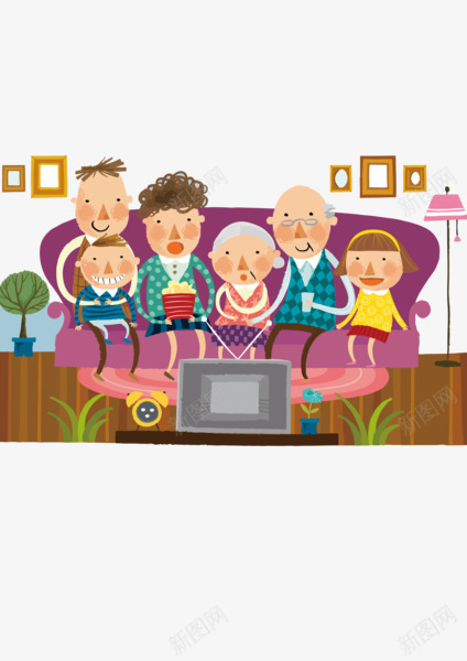 看电视的一家人png免抠素材_新图网 https://ixintu.com 亲子 卡通 卡通亲子旅行一家人 团圆 坐着看电视 家人 沙发 老人看电视
