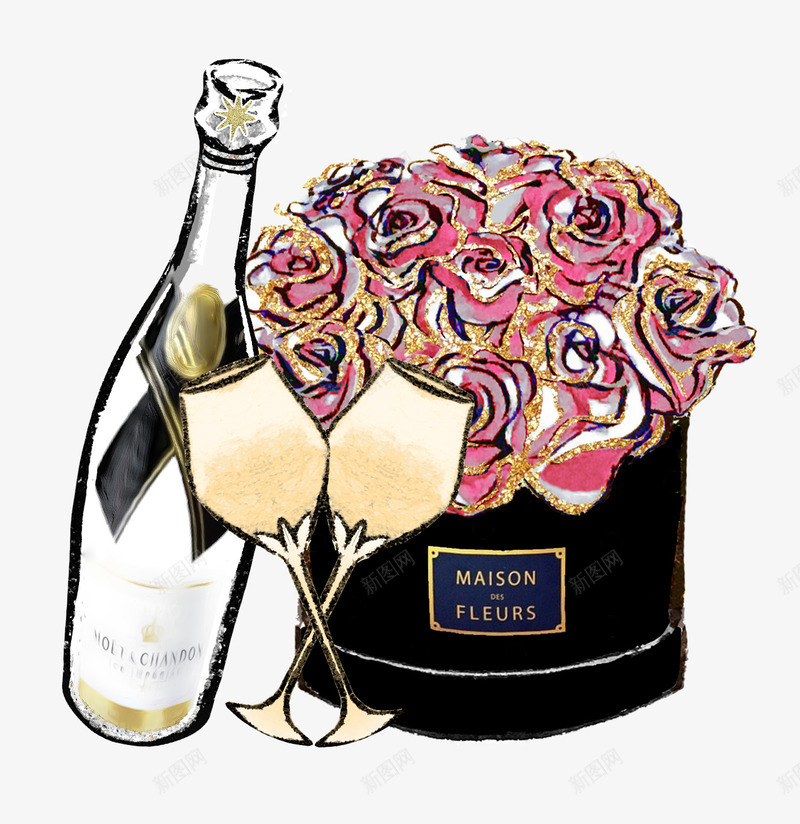 手绘一盒粉色玫瑰png免抠素材_新图网 https://ixintu.com 一盒粉色玫瑰 浪漫 生日祝福 礼物 红酒 高脚杯