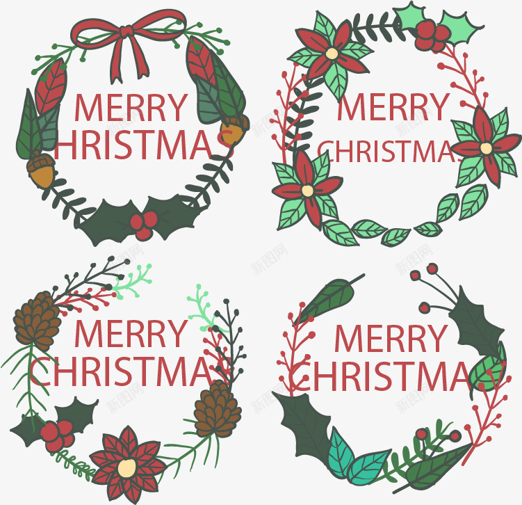 四个手绘圣诞节花环png免抠素材_新图网 https://ixintu.com 圣诞节 手绘 文字框 花朵边框 花环 装饰