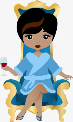 蓝色高脚杯坐在沙发上喝红酒的女人高清图片