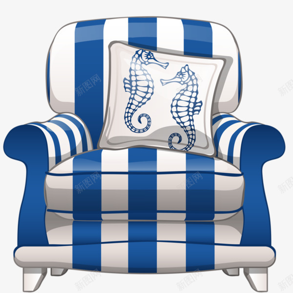 卡通蓝白色条纹沙发座椅png免抠素材_新图网 https://ixintu.com 单人座椅 卡通手绘 沙发 蓝白色条纹