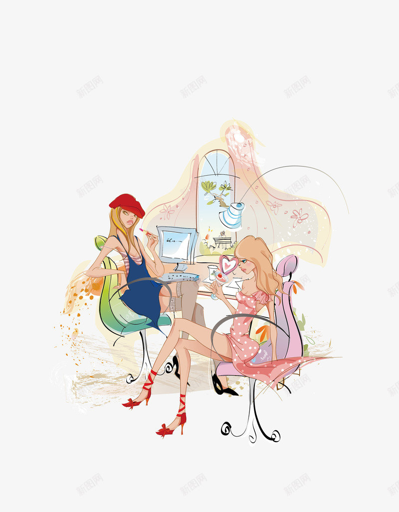 两个时尚的女郎在电脑桌前png免抠素材_新图网 https://ixintu.com 化妆 卡通手绘 时尚女郎 桌子 电脑