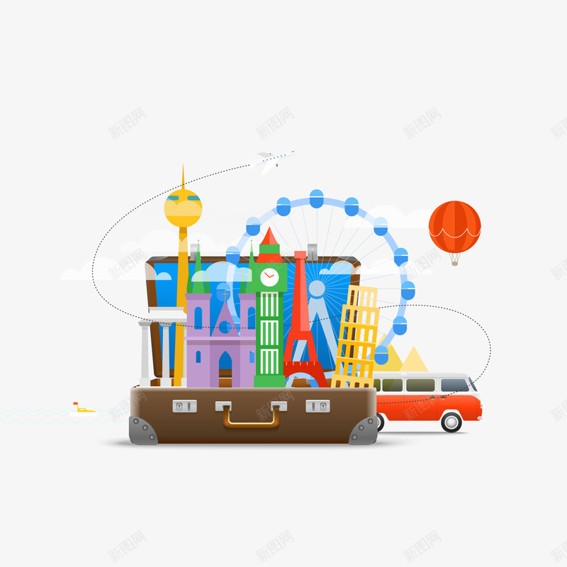 皮箱里的景点png免抠素材_新图网 https://ixintu.com 卡通 卡通素材 皮箱 经典 风景