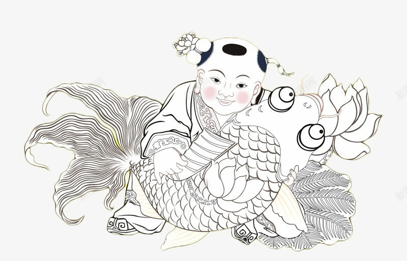 线描孩童抱鱼png免抠素材_新图网 https://ixintu.com 孩童 年画 线描 装饰