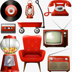 红色磁带红色沙发和电视机矢量图高清图片