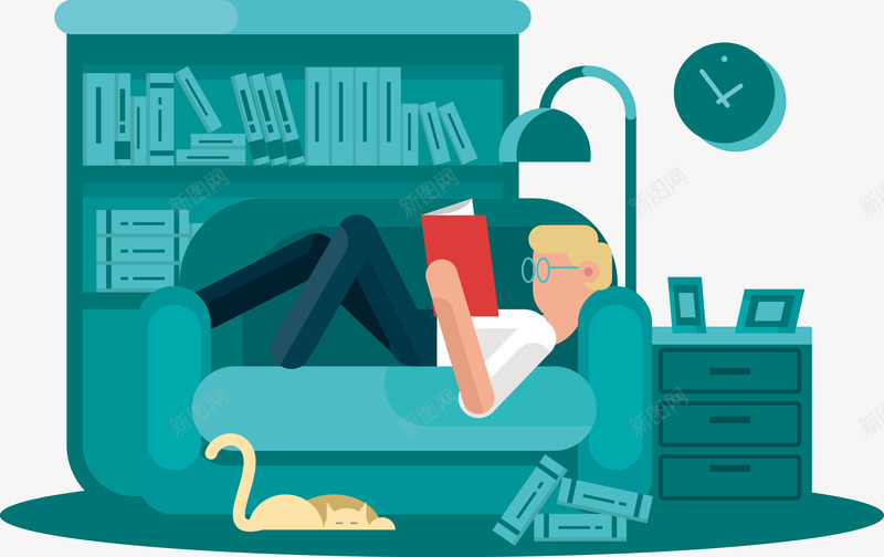 男子躺在沙发上看书png免抠素材_新图网 https://ixintu.com 书柜 书籍 卡通 卧室 台灯 抽屉 猫咪 看书