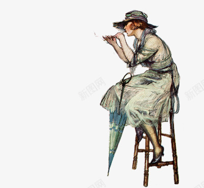 拿伞坐在凳子上的女士png免抠素材_新图网 https://ixintu.com 凳子 女士 帽子 雨伞