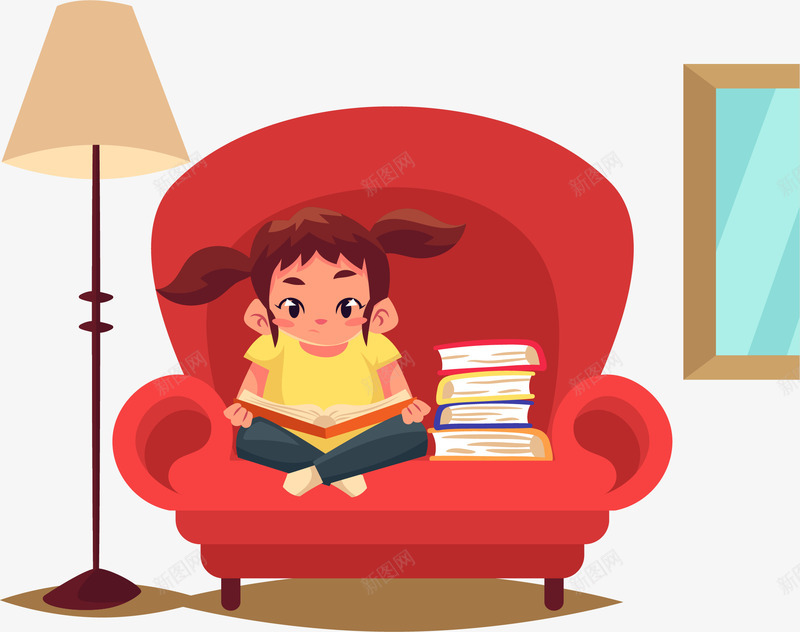红色沙发上的看书女孩png免抠素材_新图网 https://ixintu.com 学习的女孩 看书的女孩 矢量素材 红色沙发