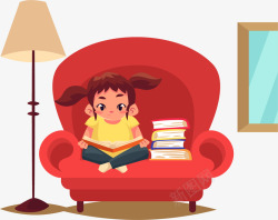 红色沙发上的看书女孩素材