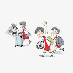 推着行李箱的小男孩拖着行李箱拿着足球的小男孩高清图片