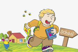 可爱书背着书包跑向学校的小男孩高清图片
