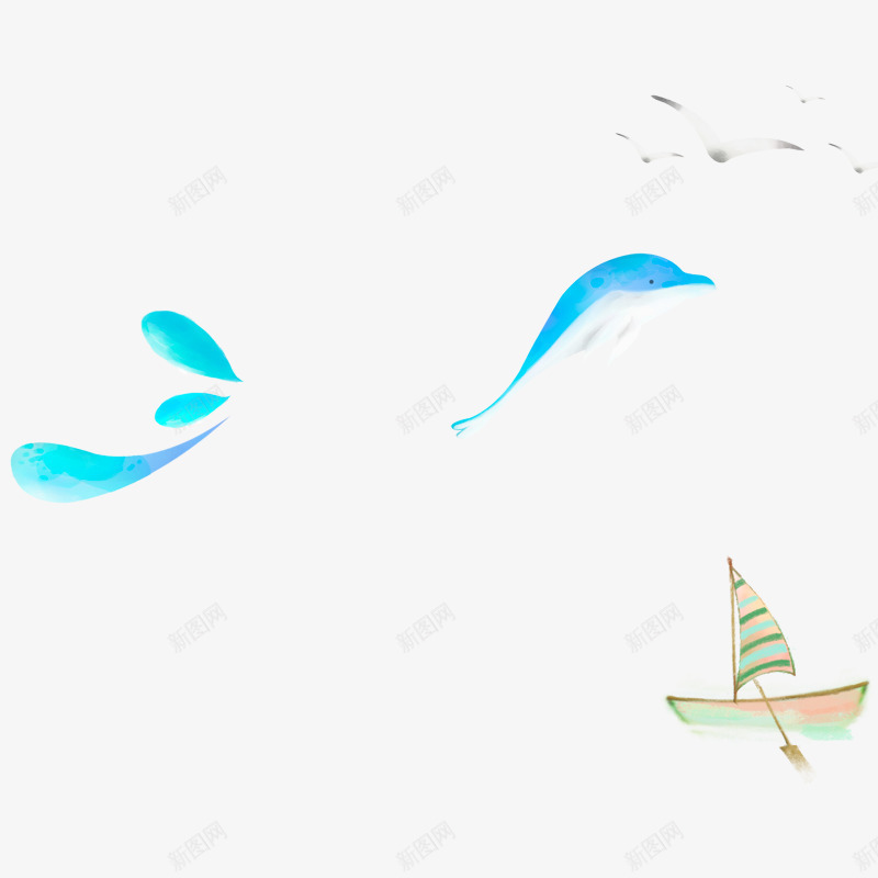 蓝色现代图形装饰png免抠素材_新图网 https://ixintu.com 动物 扁平 海豚 背景图案 装饰图案