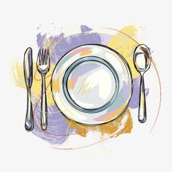 瓷盘装饰水彩装饰插图西餐餐具刀叉瓷盘高清图片