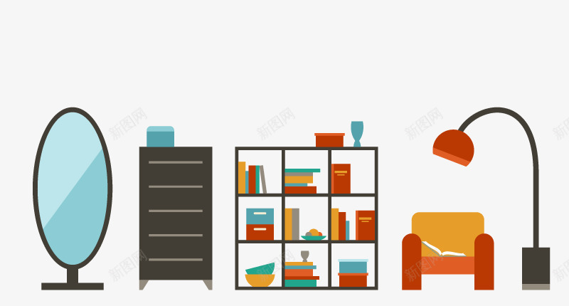 扁平化家具png免抠素材_新图网 https://ixintu.com 卡通家具造型 柜子 沙发 镜子