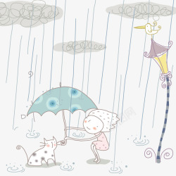 帮猫咪挡雨的女孩矢量图素材