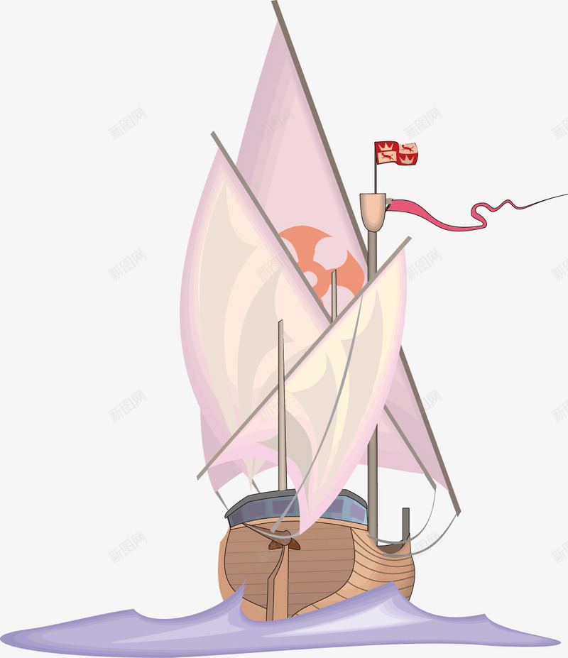 一艘木头船png免抠素材_新图网 https://ixintu.com 古代船 古船 小木船 旗 木头 木船 船帆