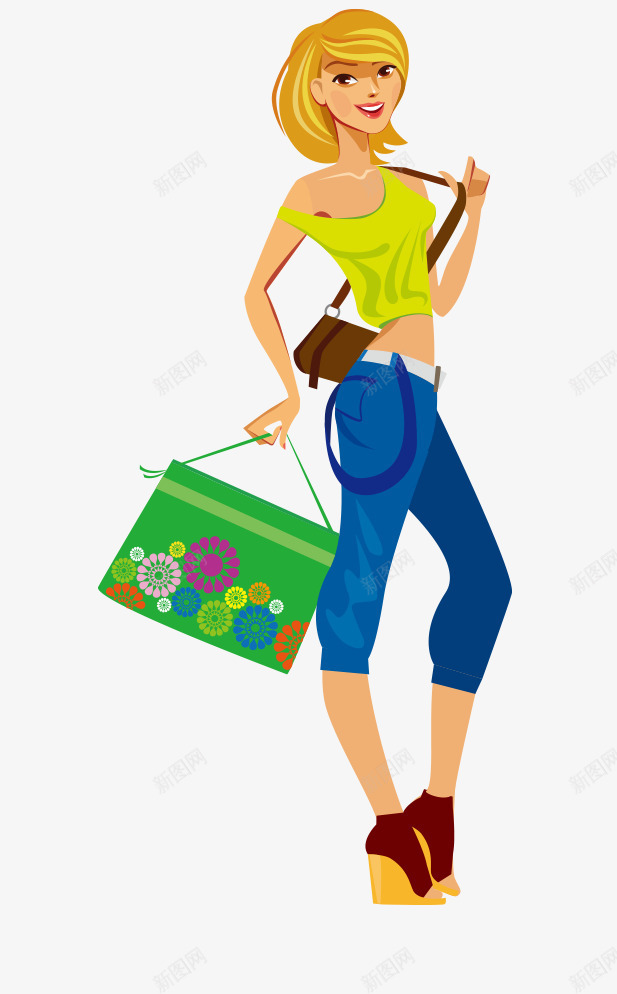 背着绿色包包的女人png免抠素材_新图网 https://ixintu.com 个性 包包 卡通人物 女人 斜挎包 时尚 短发 红色 绿色 背带裤 背心 蓝色 购物 购物袋 都市女人 露肩 黄色