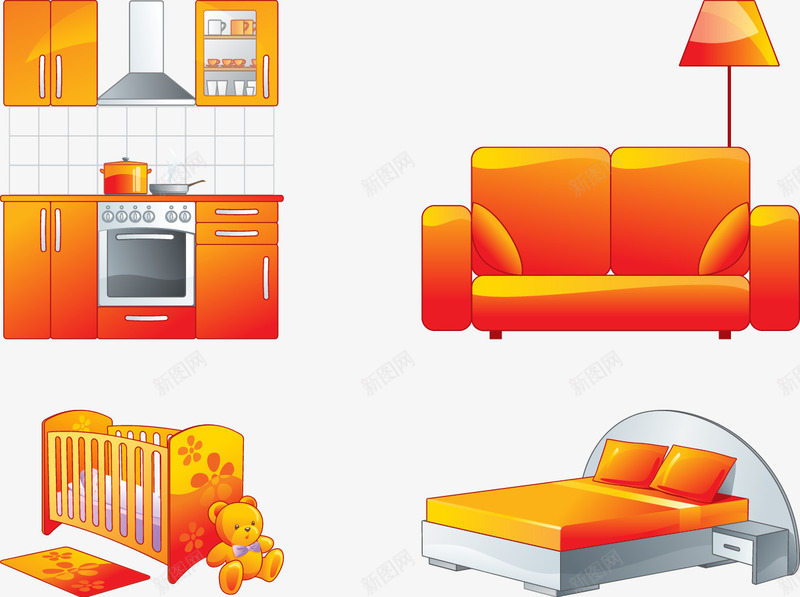 家具png免抠素材_新图网 https://ixintu.com 儿童床 厨房 双人床 家具 沙发