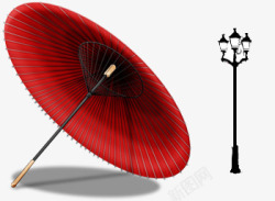 红色雨伞黑色路灯素材