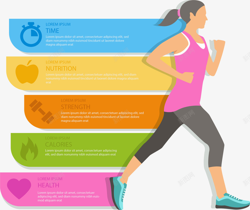 彩色跑步的人信息图表png免抠素材_新图网 https://ixintu.com 分类图表 创意图表 矢量素材 肌肉女 跑步的人